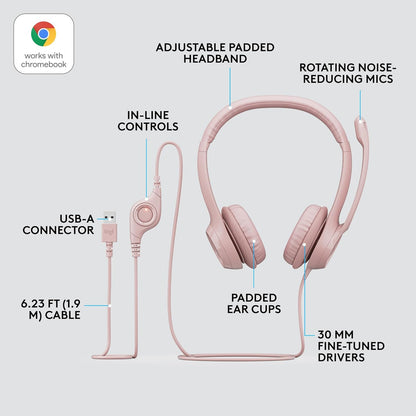Logitech H390 Wired Headset for PC/Laptop, Stereo Headphones with Noise Cancelling Microphone, USB-A, in-Line Controls for Video Meetings, Music, Gaming and Beyond - Rose, 1 Pack
