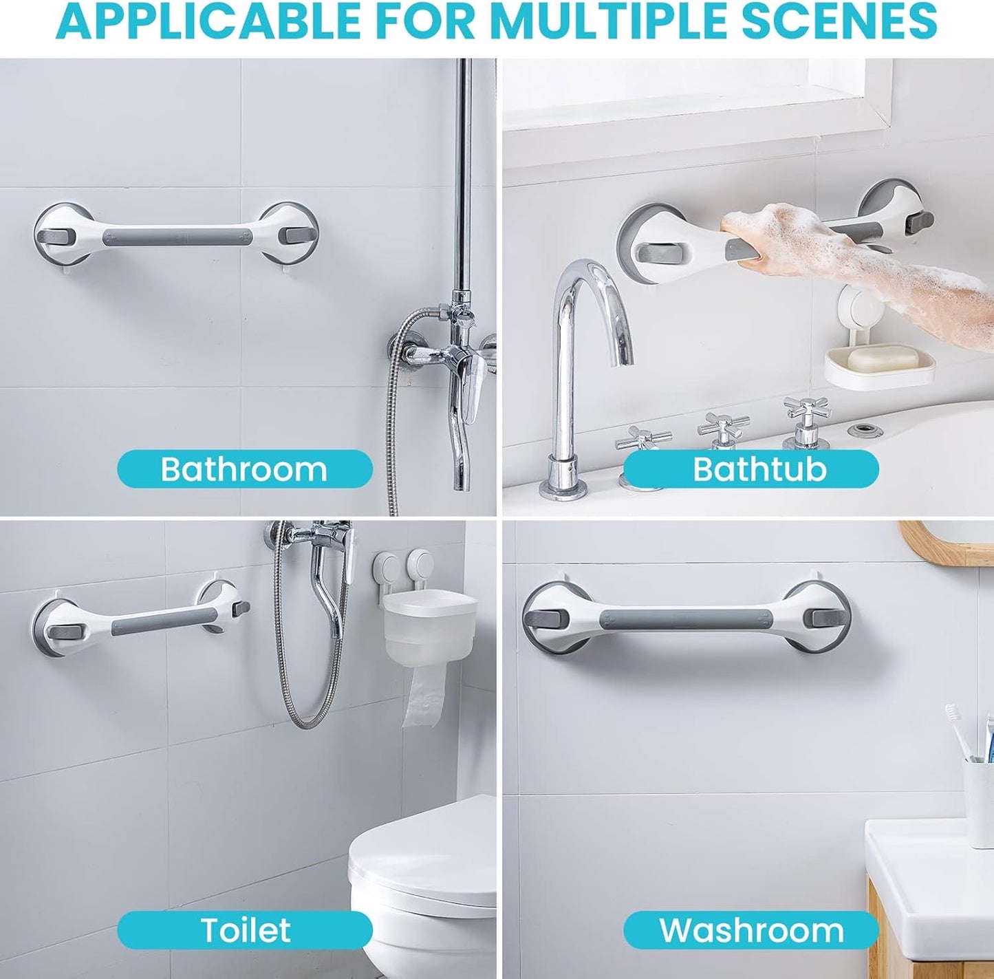 TAILI Shower Suction Cup Grab Bar Bathtubs Handrails for Seniors Elderly, No Drilling Waterproof, Grey, 2 Pack, 16 Inch