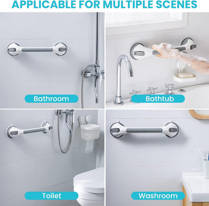 TAILI Shower Suction Cup Grab Bar Bathtubs Handrails for Seniors Elderly, No Drilling Waterproof, Grey, 2 Pack, 16 Inch