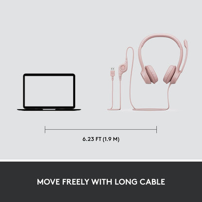 Logitech H390 Wired Headset for PC/Laptop, Stereo Headphones with Noise Cancelling Microphone, USB-A, in-Line Controls for Video Meetings, Music, Gaming and Beyond - Rose, 1 Pack