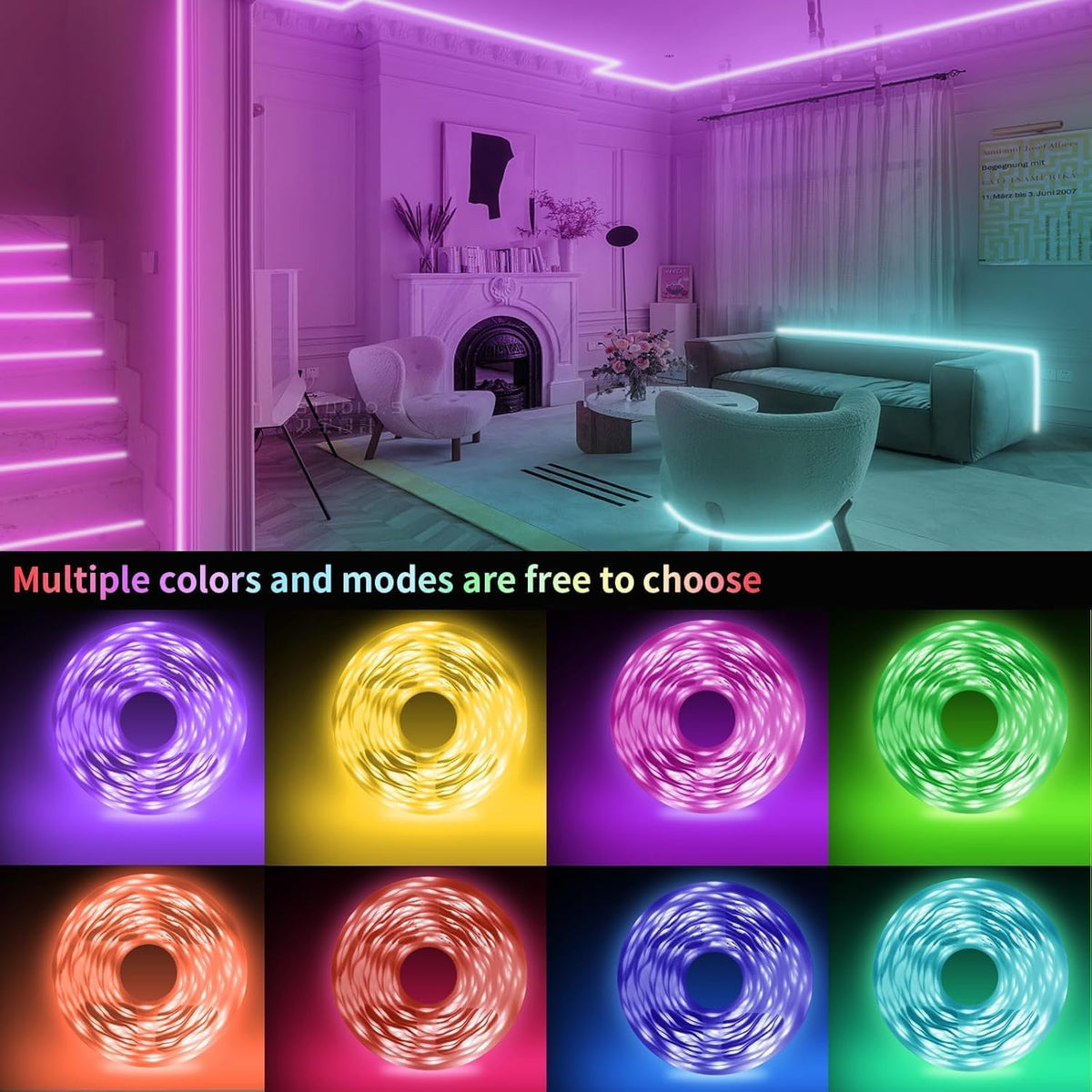 Ksipze led Lights Strip for Bedroom 100FT, Smart Music Sync RGB Color ...