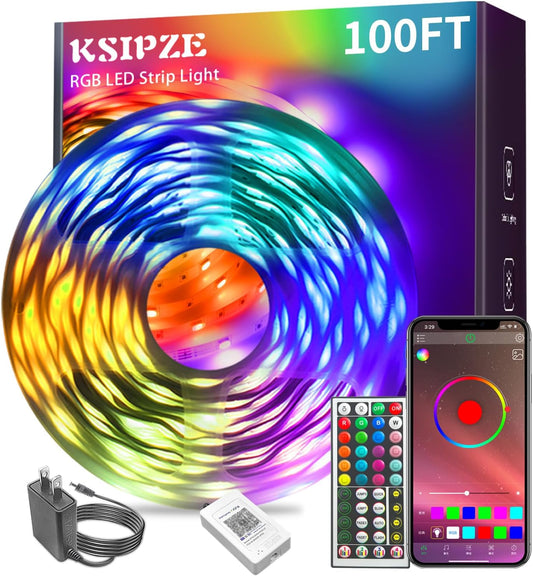 Ksipze led Lights Strip for Bedroom 100FT, Smart Music Sync RGB Color Changing with App and Remote Control, Power Supply Led Strip Lights Lumiere LED for Room Home Party Decoration