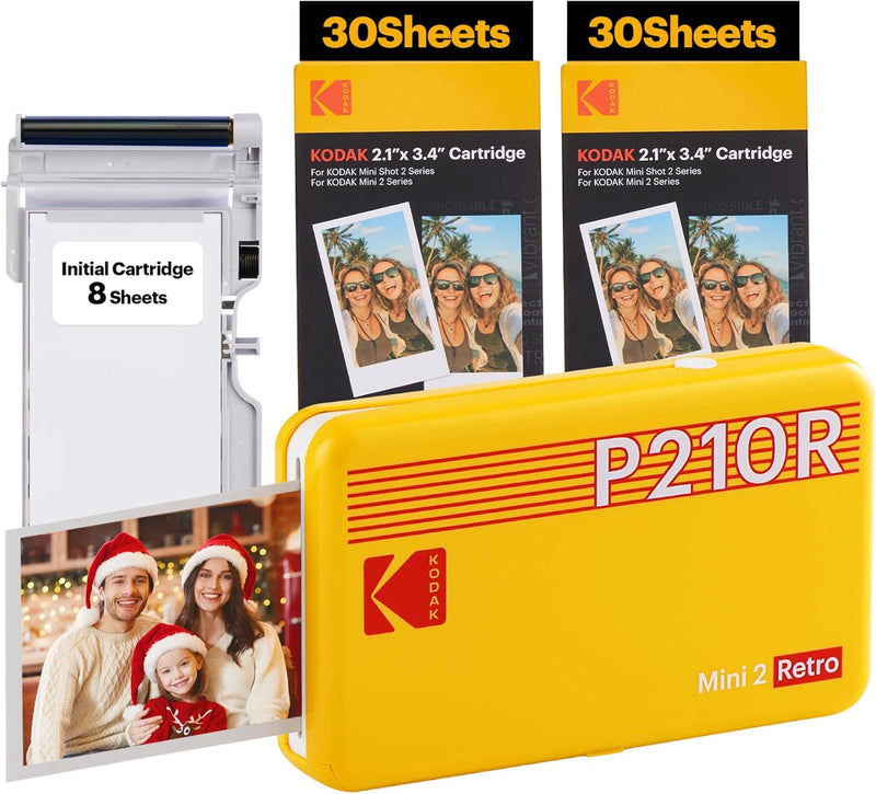 KODAK Mini 2 Retro 4PASS Portable Photo Printer (2.1x3.4 inches) + 68 Sheets Bundle (8 Initial Sheets + 60 Sheets Pack), Yellow