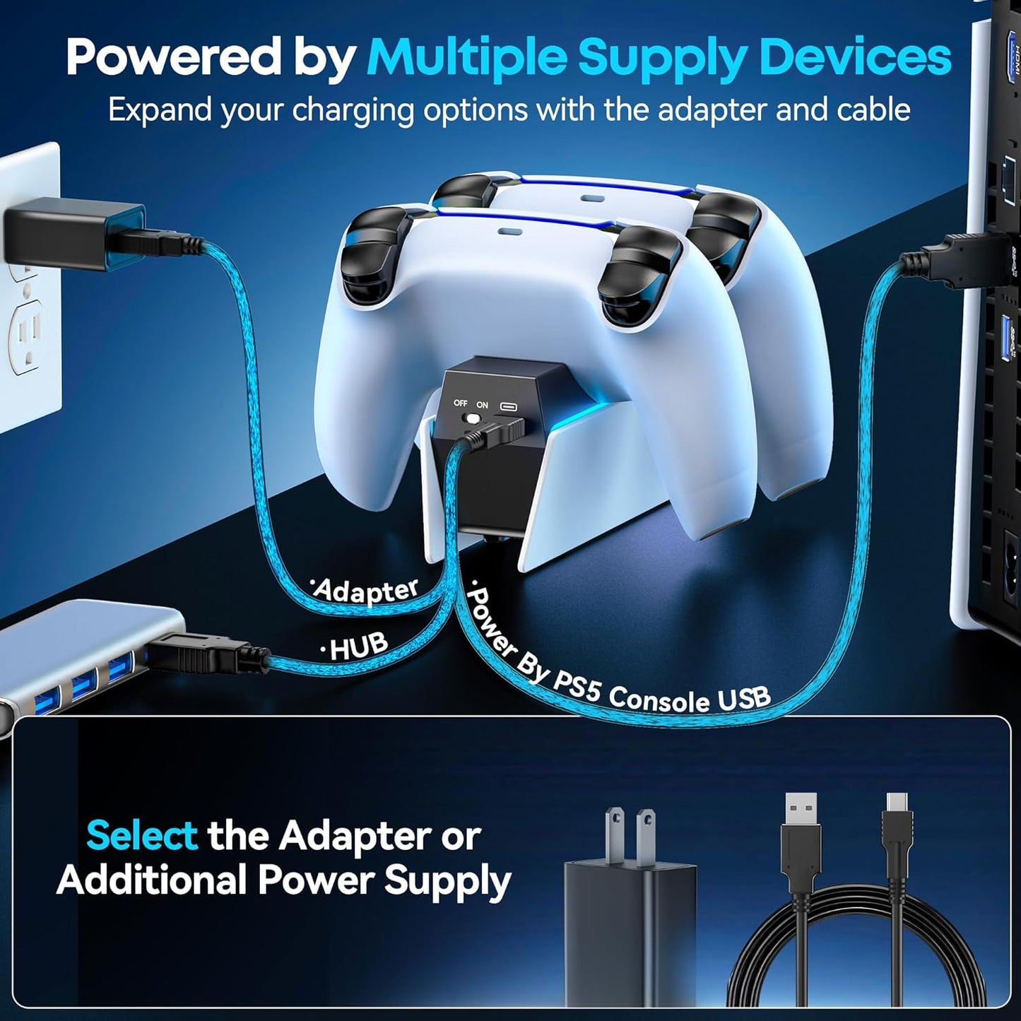 PS5 Controller Charger, OIVO PS5 Charging Station for Dualsense Controller, PS5 Controller Charger Station with Fast Charging AC Adapter, PS5 Charger for PlayStation 5 Dual Controller - PuriLite