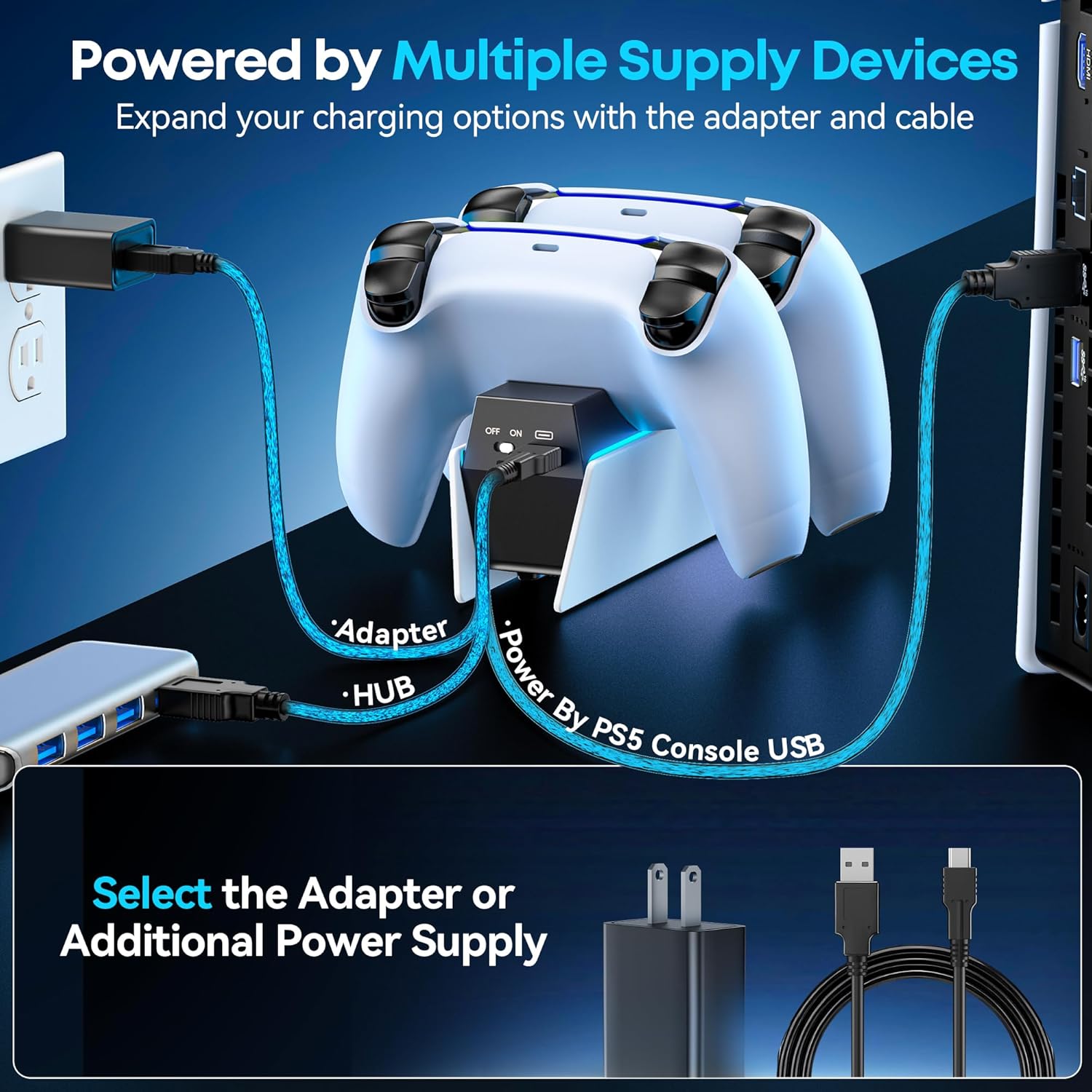 PS5 Controller Charger, OIVO PS5 Charging Station for Dualsense Controller, PS5 Controller Charger Station with Fast Charging AC Adapter, PS5 Charger for PlayStation 5 Dual Controller - PuriLite