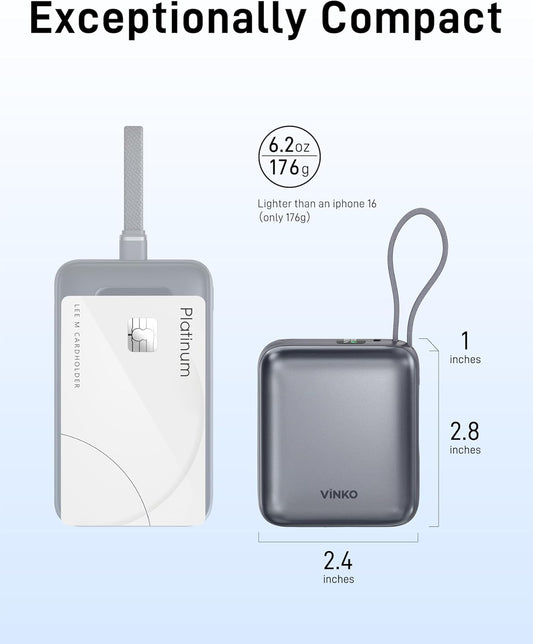 Small Portable Charger, 22.5W Fast Charging Mini Power Bank 10000mAh with Built-in Cables LED Display, Travel Essential USB-C Battery Pack Compatible with iPhone,Samsung,Android (Gray)