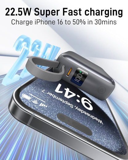 Small Portable Charger, 22.5W Fast Charging Mini Power Bank 10000mAh with Built-in Cables LED Display, Travel Essential USB-C Battery Pack Compatible with iPhone,Samsung,Android (Gray)
