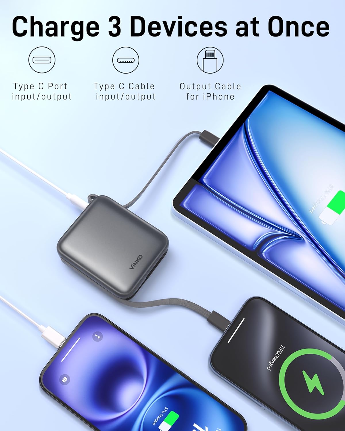 Small Portable Charger, 22.5W Fast Charging Mini Power Bank 10000mAh with Built-in Cables LED Display, Travel Essential USB-C Battery Pack Compatible with iPhone,Samsung,Android (Gray)