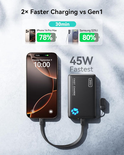 INIU Portable Charger, Lightest 10000mAh 45W PD Power Bank, USB C in&Out Fast Charging Battery Pack, External Phone Powerbank Compatible with iPhone 16 15 14 13 Samsung S22 S21 Google iPad etc