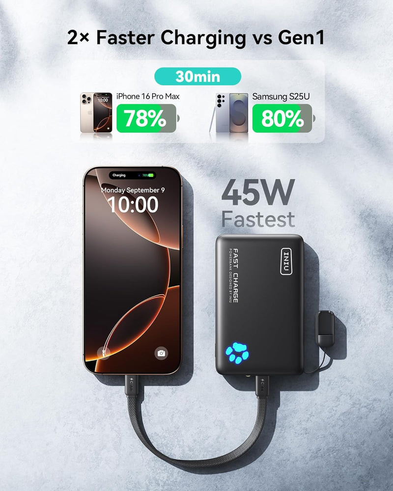 INIU Portable Charger, Lightest 10000mAh 45W PD Power Bank, USB C in&Out Fast Charging Battery Pack, External Phone Powerbank Compatible with iPhone 16 15 14 13 Samsung S22 S21 Google iPad etc