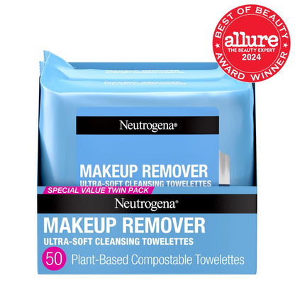 Neutrogena Makeup Remover Wipes, Daily Facial Cleanser Towelettes, Gently Cleanse and Remove Oil & Makeup, Alcohol-Free Makeup Wipes, 2 x 25 ct