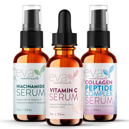 Natural Firm & Glow Skincare Set of 3 – Skin Care Products With 20% Vitamin C Serum, Peptide Complex, Niacinamide Vitamin B3 Serum - Peptides for Face - Face Care by Eva Naturals