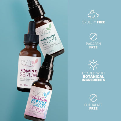 Natural Firm & Glow Skincare Set of 3 – Skin Care Products With 20% Vitamin C Serum, Peptide Complex, Niacinamide Vitamin B3 Serum - Peptides for Face - Face Care by Eva Naturals