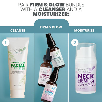 Natural Firm & Glow Skincare Set of 3 – Skin Care Products With 20% Vitamin C Serum, Peptide Complex, Niacinamide Vitamin B3 Serum - Peptides for Face - Face Care by Eva Naturals