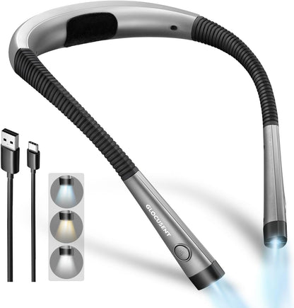Glocusent Book Light, 3 Color Temperatures Reading Light, Bendable Neck Light, 80 Hrs Lasting Rechargeable Book Light for Reading in Bed, Knitting, Camping, Repairing, Avid Reader Gift