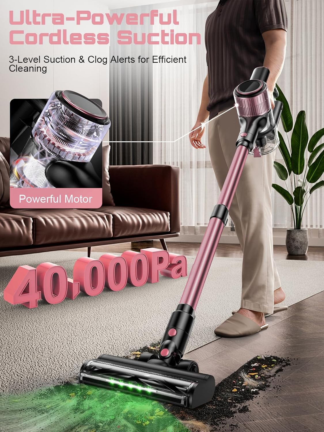 Cordless Vacuum Cleaner, 10 in 1 Stick Vacuum with Powerful Suction, Hose, Green LED Light, Anti-Tangle Brush, Lightweight Rechargeable Vacuum Cleaner for Home, Hardwood Floors, Pet Hair (Pink)
