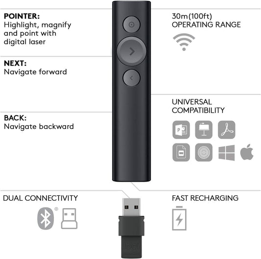 Logitech Spotlight Presentation Remote - Universal Wireless Presentation Clicker with Laser Pointer, Advanced Digital Highlighting, Bluetooth, 30 m Range and Quick Charging - Silver - PuriLite