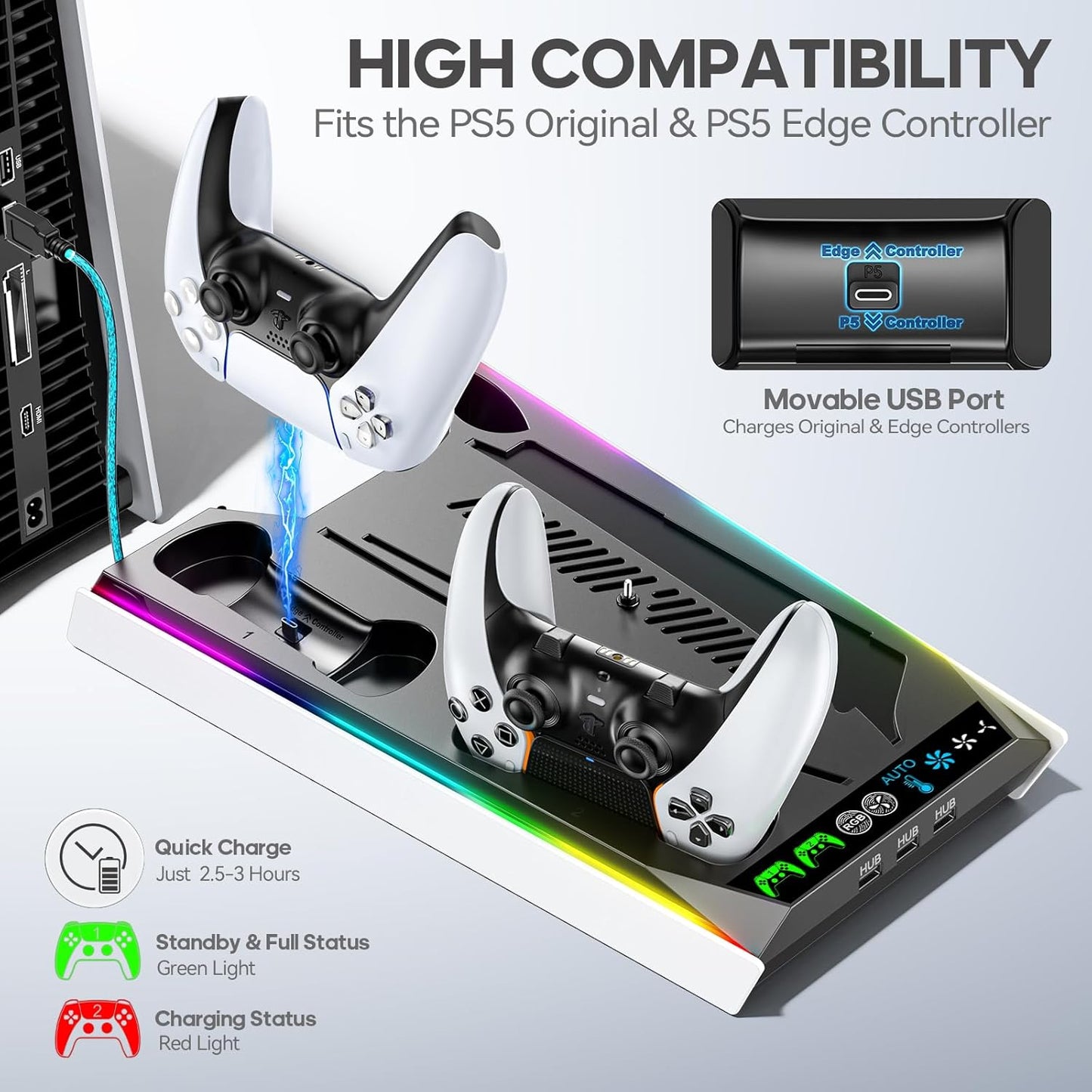 PS5/Slim/Pro Stand for Disc & Digital Console, PS5 Cooling & Charging Station with RGB Ambient Lighting, PS5 Controller Charger Built-in 3 Level Fan, PS5/Slim/Pro Accessories Comes 3 USB Ports - PuriLite