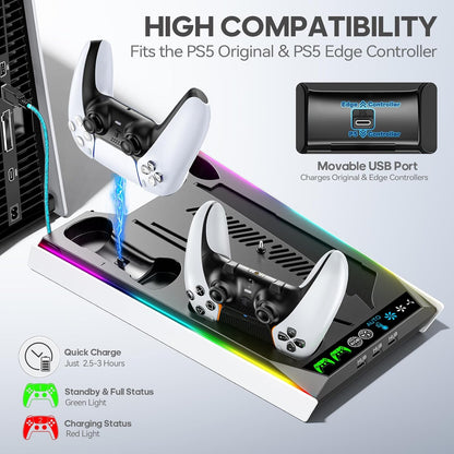 PS5/Slim/Pro Stand for Disc & Digital Console, PS5 Cooling & Charging Station with RGB Ambient Lighting, PS5 Controller Charger Built-in 3 Level Fan, PS5/Slim/Pro Accessories Comes 3 USB Ports - PuriLite