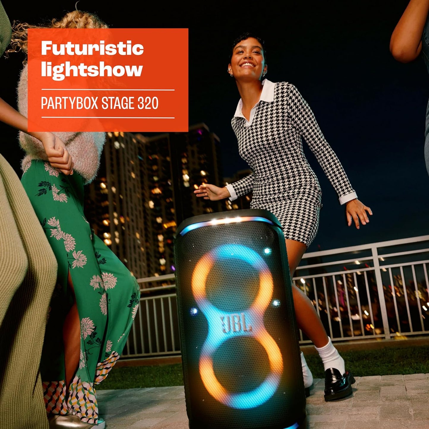 JBL PartyBox Stage 320 - Portable Party Speaker with Telescopic Handle & Wide, Sturdy Wheels, Powerful JBL Pro Sound, Futuristic lightshow, Up to 18 Hours of Play time, Splash Proof