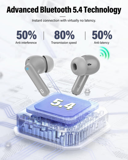 Wireless Earbuds, Bluetooth 5.4 Headphones Bass Stereo, Ear Buds with Noise Cancelling Mic, IP7 Waterproof in Ear Earphones, 36H LED Display Bluetooth Earbuds for Laptop Pad Phones Sports, Grey