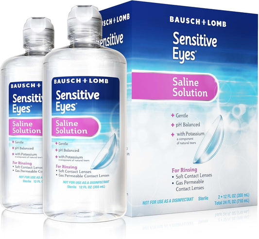 Bausch + Lomb Sensitive Eyes Saline Solution, Gentle Daily Rinse for Soft & Gas Permeable Contact Lenses, with Potassium, 12 Fl Oz (Pack of 2)