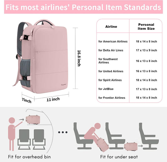 Taygeer Travel Backpack for Women, Carry On Backpack with USB Charging Port & Shoe Pouch, TSA 15.6inch Laptop Mochila Flight Approved, Nurse Bag Casual Daypack for Weekender Business Hiking, Pink - PuriLite
