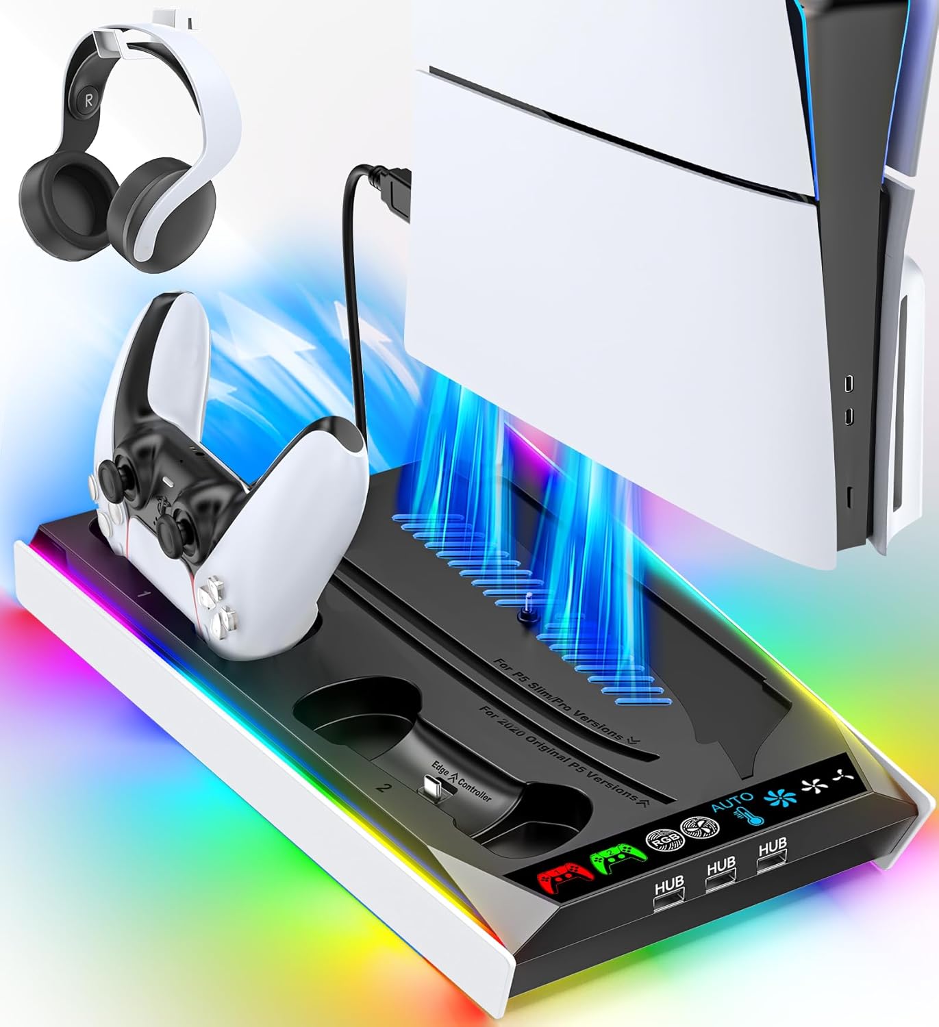 PS5/Slim/Pro Stand for Disc & Digital Console, PS5 Cooling & Charging Station with RGB Ambient Lighting, PS5 Controller Charger Built-in 3 Level Fan, PS5/Slim/Pro Accessories Comes 3 USB Ports - PuriLite