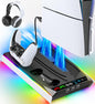 PS5/Slim/Pro Stand for Disc & Digital Console, PS5 Cooling & Charging Station with RGB Ambient Lighting, PS5 Controller Charger Built-in 3 Level Fan, PS5/Slim/Pro Accessories Comes 3 USB Ports - PuriLite
