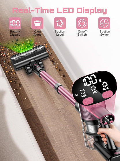 Cordless Vacuum Cleaner, 10 in 1 Stick Vacuum with Powerful Suction, Hose, Green LED Light, Anti-Tangle Brush, Lightweight Rechargeable Vacuum Cleaner for Home, Hardwood Floors, Pet Hair (Pink)