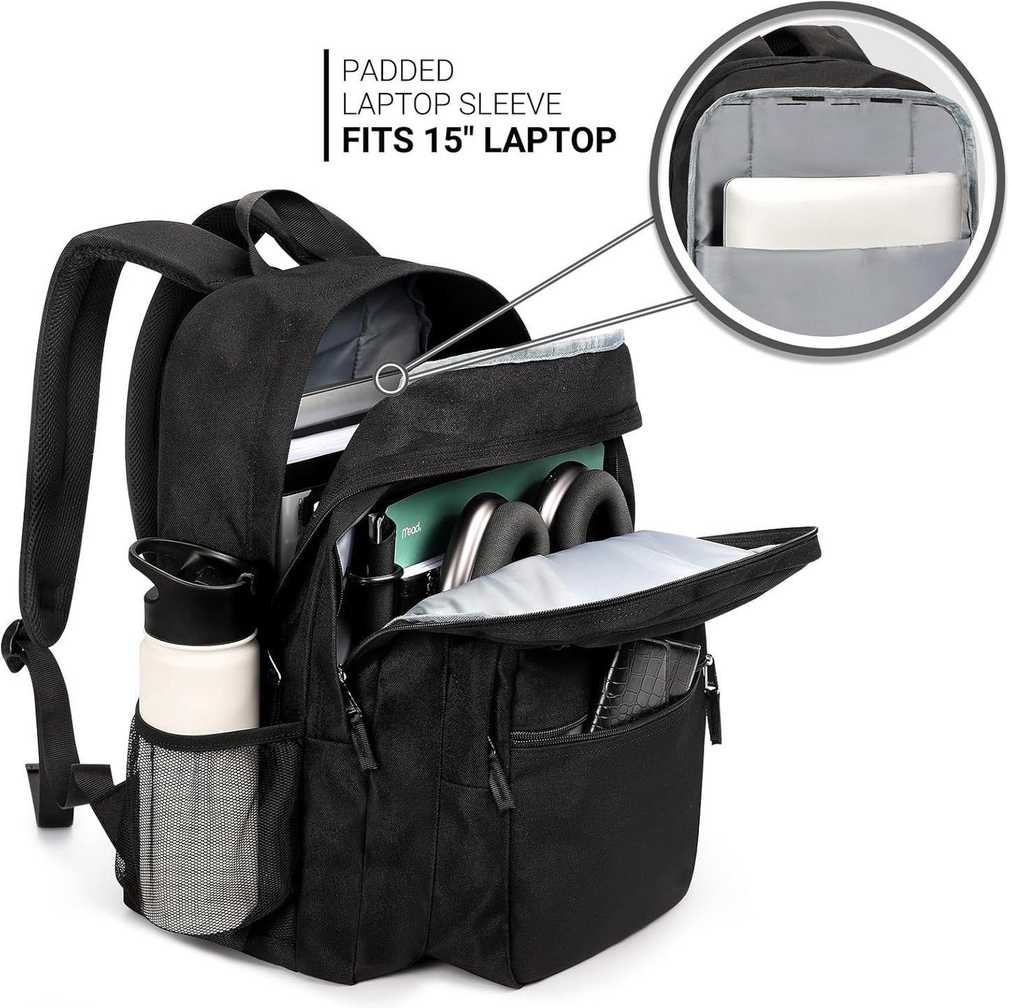 ZORFIN 26L Black Backpack for School, College, and Travel: Water Resistant Bookbag with 8 Compartments