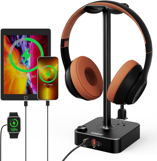 COZOO Headphone Stand with USB Charger Desktop Gaming Headset Holder Hanger with 3 USB Charging Station and 2 Outlets Power Strip,Suitable for Gaming, DJ,Wireless Earphone Display, Gamer Gifts for Men