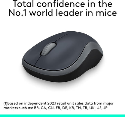 Logitech M185 Wireless Mouse, 2.4GHz with USB Mini Receiver, 12-Month Battery Life, 1000 DPI Optical Tracking, Ambidextrous, Compatible with PC, Mac, Laptop - Swift Gray
