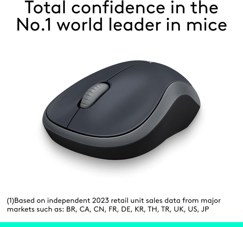 Logitech M185 Wireless Mouse, 2.4GHz with USB Mini Receiver, 12-Month Battery Life, 1000 DPI Optical Tracking, Ambidextrous, Compatible with PC, Mac, Laptop - Swift Gray