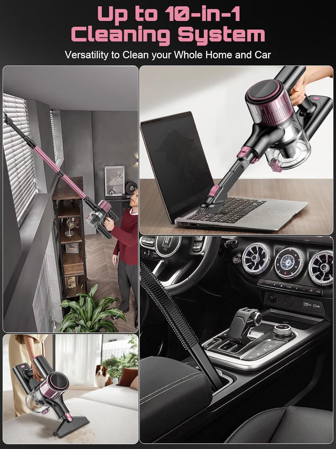 Cordless Vacuum Cleaner, 10 in 1 Stick Vacuum with Powerful Suction, Hose, Green LED Light, Anti-Tangle Brush, Lightweight Rechargeable Vacuum Cleaner for Home, Hardwood Floors, Pet Hair (Pink)