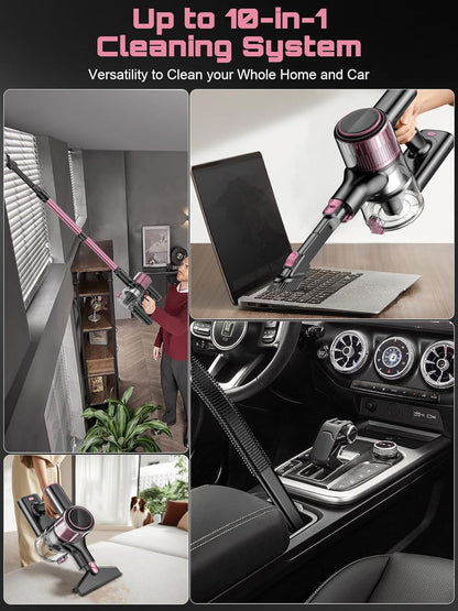 Cordless Vacuum Cleaner, 10 in 1 Stick Vacuum with Powerful Suction, Hose, Green LED Light, Anti-Tangle Brush, Lightweight Rechargeable Vacuum Cleaner for Home, Hardwood Floors, Pet Hair (Pink)