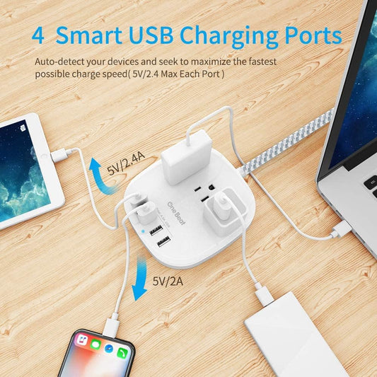 Flat Plug Power Bar Power Strip with 4 USB Ports, Power Strip with 3 Outlet Charger, Non Surge Protector Charging Station with 5 Feet Extension Cord for Home, Office, Cruise Ship Travel - PuriLite
