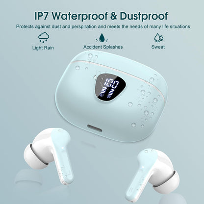 Wireless Earbuds, Bluetooth 5.4 Headphones HiFi Stereo, Bluetooth Earbuds with ENC Noise Cancelling Mic, IP7 Waterproof in Ear Earphones, 48H, LED Display Ear buds for Pad Workout Sports, Azure