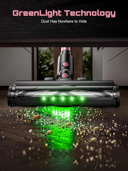 Cordless Vacuum Cleaner, 10 in 1 Stick Vacuum with Powerful Suction, Hose, Green LED Light, Anti-Tangle Brush, Lightweight Rechargeable Vacuum Cleaner for Home, Hardwood Floors, Pet Hair (Pink)