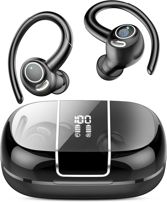 Wireless Earbuds Bluetooth 5.3 Headphones Sports, 48Hrs Playback Over Ear Buds with CVC8.0 Mic, Bass Stereo Bluetooth Earbuds with Earhooks, LED Display, IP7 Waterproof Earphones for Workout/Running