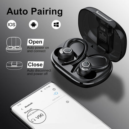 Wireless Earbuds Bluetooth 5.3 Headphones Sports, 48Hrs Playback Over Ear Buds with CVC8.0 Mic, Bass Stereo Bluetooth Earbuds with Earhooks, LED Display, IP7 Waterproof Earphones for Workout/Running