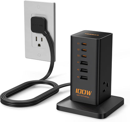 Charging Station, TESSAN 100W Max GaN USB C Charger Block, 6-Ports and 3 AC Outlets Power Tower, Fast Charging for Multiple Devices, Compatible with iPhone, Samsung, MacBook and More - PuriLite