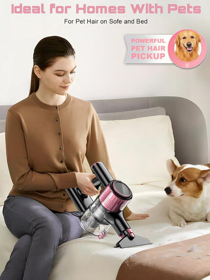 Cordless Vacuum Cleaner, 10 in 1 Stick Vacuum with Powerful Suction, Hose, Green LED Light, Anti-Tangle Brush, Lightweight Rechargeable Vacuum Cleaner for Home, Hardwood Floors, Pet Hair (Pink)