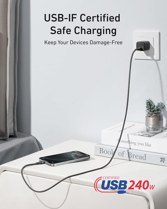 Anker Nano USB C Cable, 240W 6 ft Flexible Multi-Color Braided Cord, Fast Charging Type C Charger for iPhone 16/16 Pro/16 Plus/16 Pro Max, MacBook Pro, iPad Pro, Galaxy S24, and More(Black) - PuriLite