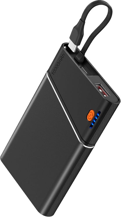 Portable Charger Power Bank, 10000mAh 22.5W PD Super Fast Charging Powerbank with Built-in USB C in&Out Cable, Slim External Phone Battery Pack for iPhone 16/15/14 iPad Samsung S24 Android etc