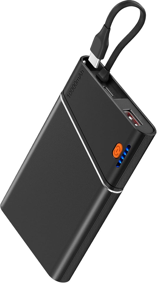 Portable Charger Power Bank, 10000mAh 22.5W PD Super Fast Charging Powerbank with Built-in USB C in&Out Cable, Slim External Phone Battery Pack for iPhone 16/15/14 iPad Samsung S24 Android etc