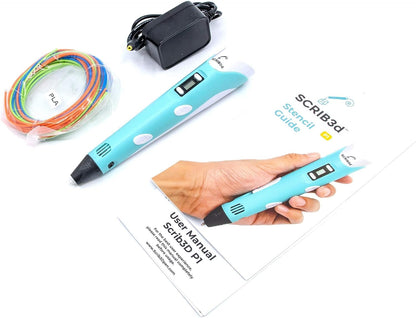 SCRIB3D P1 3D Printing Pen with Display - Includes 3D Pen, 3 Starter Colors of PLA Filament, Stencil Book + Project Guide, and Power Adapter - PuriLite