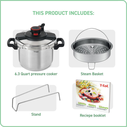 T-fal P45007 Clipso Stainless Steel Dishwasher Safe PTFE PFOA and Cadmium Free 12-PSI Pressure Cooker Cookware, 6.3-Quart, Silver - PuriLite
