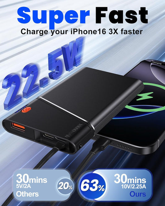 Portable Charger Power Bank, 10000mAh 22.5W PD Super Fast Charging Powerbank with Built-in USB C in&Out Cable, Slim External Phone Battery Pack for iPhone 16/15/14 iPad Samsung S24 Android etc