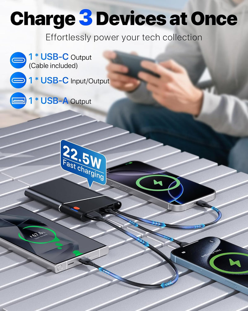 Portable Charger Power Bank, 10000mAh 22.5W PD Super Fast Charging Powerbank with Built-in USB C in&Out Cable, Slim External Phone Battery Pack for iPhone 16/15/14 iPad Samsung S24 Android etc